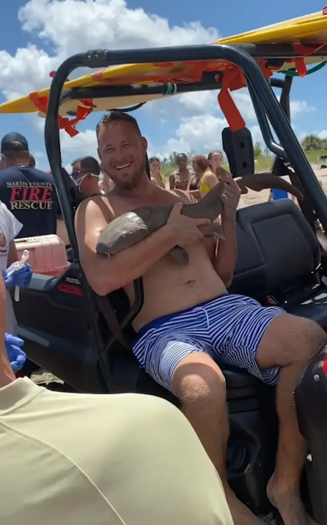 l'homme serein pendant qu'un requin lui mord Le Bras